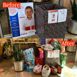 Village Clubs DC Ranch: Village Cares donation box now filled with holiday gifts and bags, the smiling child poster and plant remain.