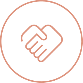 Minimalist icon of two hands shaking, outlined in light brown, symbolizing Village Clubs community at Camelback in Arizona.