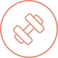 Line drawing of a dumbbell in a circle, featuring Village Clubs Camelback